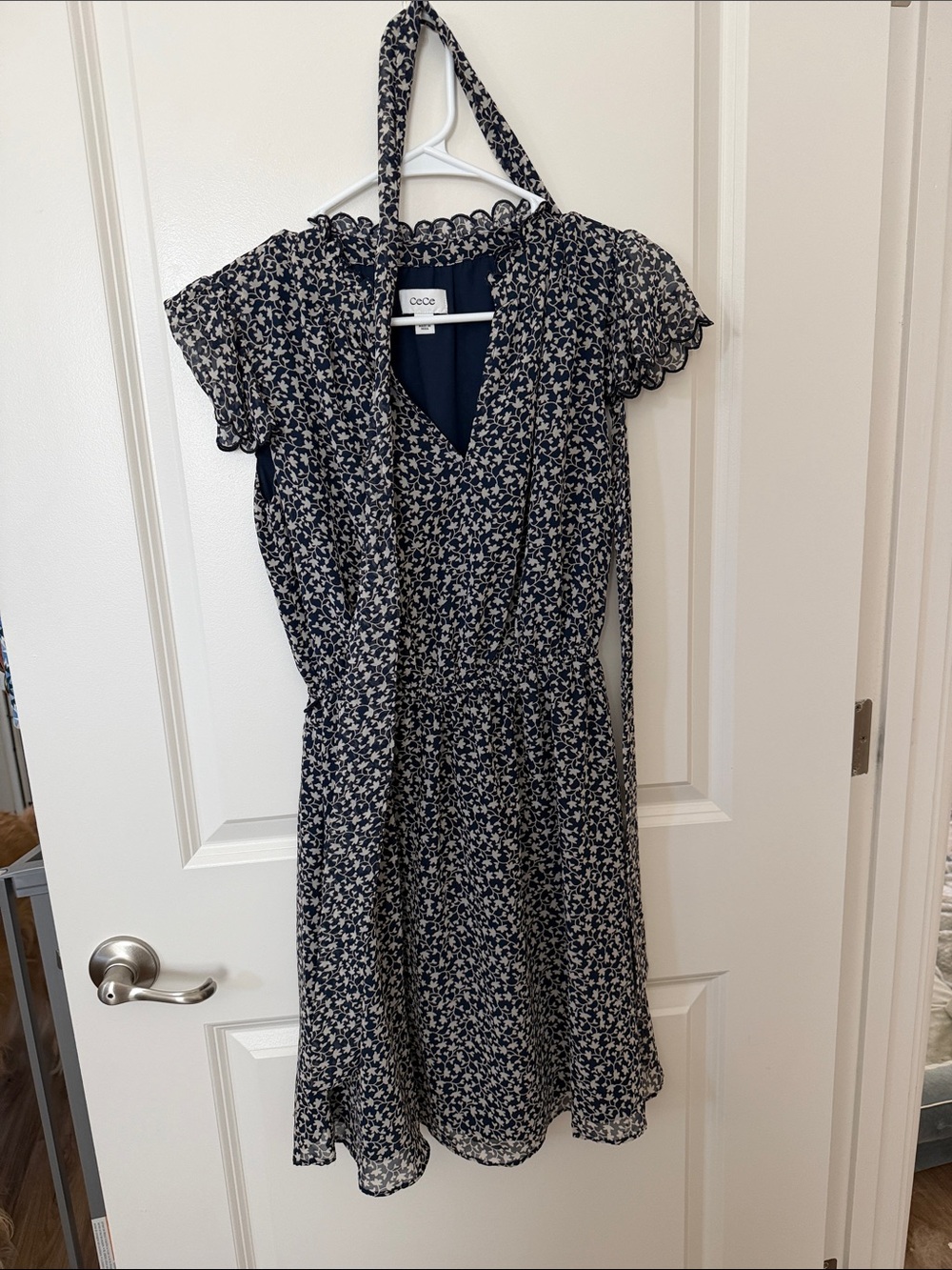CeCe Navy and Cream Floral Midi Dress with V-Neck